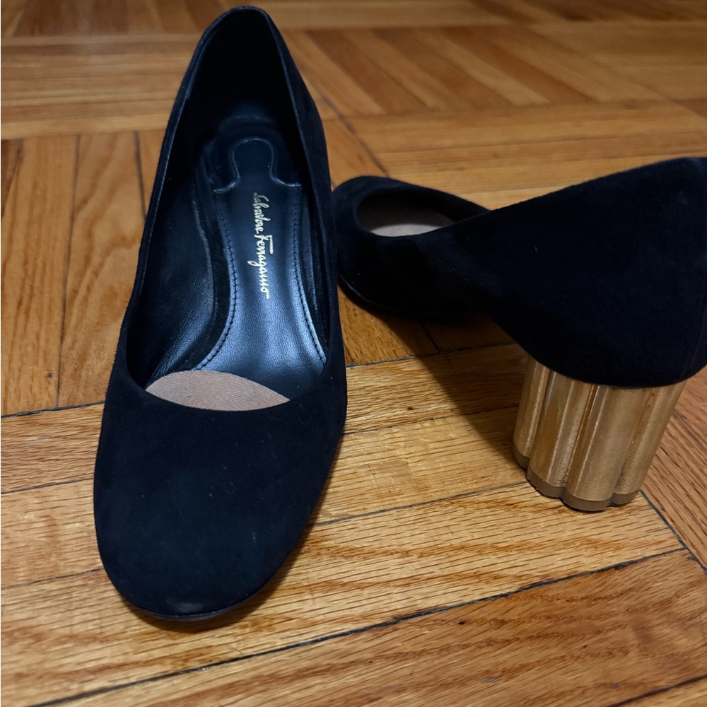 Salvatore Ferragamo Black Heels with Gold Accent